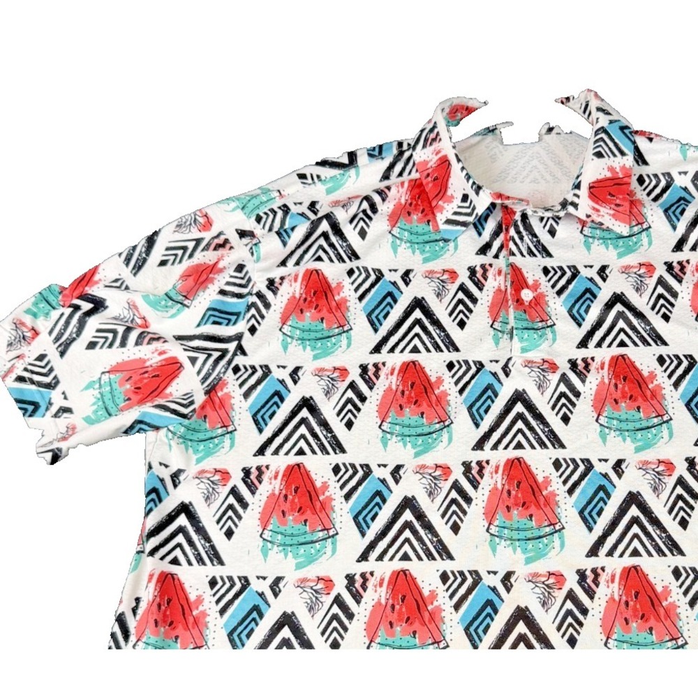 Golf Gods Mens Large Watermelon Aztec Performance Polo Shirt White Teal Pink